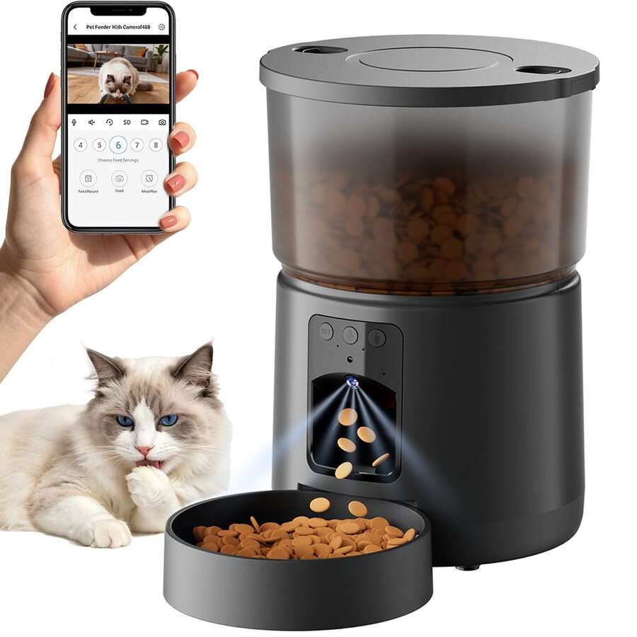 3L Large Capacity Automatic Cat Food Dispenser, Smart Pet Feeder With Camera, Supports APP Remote Control, USB Cable Powered, No Plug Included, Suitable For Small To Medium Pets Remote Control Cat And Dog Food Dispenser, Suitable For Daily Scheduled Pet Feeding - 3L - View 1