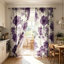 2pcs Watercolor Floral Art Style Digital Print Curtains, 100% Polyester Fabric, Rod Pocket Digital Print 2 Panels Curtains, No Lining, 90gsm, 180cm Wide, Suitable For Bedroom, Living Room, Dining Room, Bathroom, Outdoor And More - Multicolor - View 2