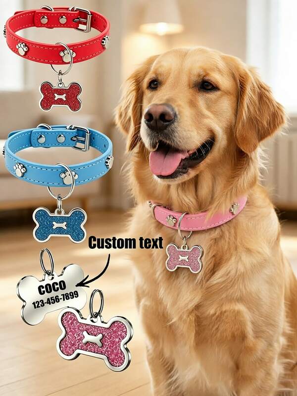 1pc Customized Dog Collar With Bone Pet ID Tag, Customizable Engraved Pet Name And Phone Number ID Tag, Adjustable Fashion Pet Accessory Suitable For Small And Medium Dogs, Ideal Gift For Pets