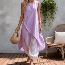 Conjunto de falda media suelta sin mangas con bolsillos de unicolor 2026 nuevo - Morado - Ver 11