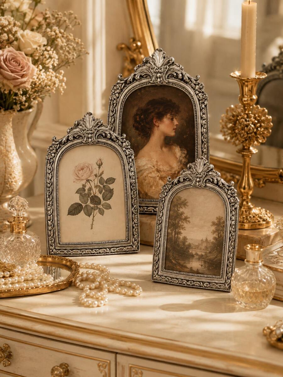 1pc Vintage Baroque Hollow Decorative Frame, Antique Gold Desktop Decor, French Style Vanity Decor, Luxury Home Decoration, Photography Prop - New Model - View 1