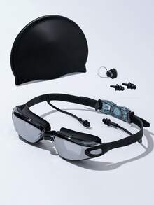 Professional Adult Swim Goggles Set | High Definition Electroplated Anti-Fog Large Frame Goggles + High Elastic Silicone Swim Cap | Comes With Integrated Earplugs/Includes Nose Clip Combination - Black - View 2