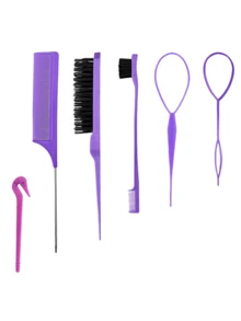 6pcs Pink Hair Styling Tool Set - Rat Tail Comb, Teasing Brush, 2pcs French Braid Tools, For Braiding & DIY Hairstyles, Salon, Beauty Travel Essentials, Back To School, Vacation Necessities, Women Hair Accessories Travel Essentials,Hairstyle - Purple - View 12
