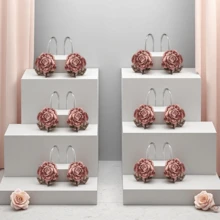 12pcs Stainless Steel Rust-Proof Resin Vintage Rose Flower Decorative Shower Curtain Hooks, Suitable For Bathroom, Nursery, Bedroom, Living Room - Pink - View 7