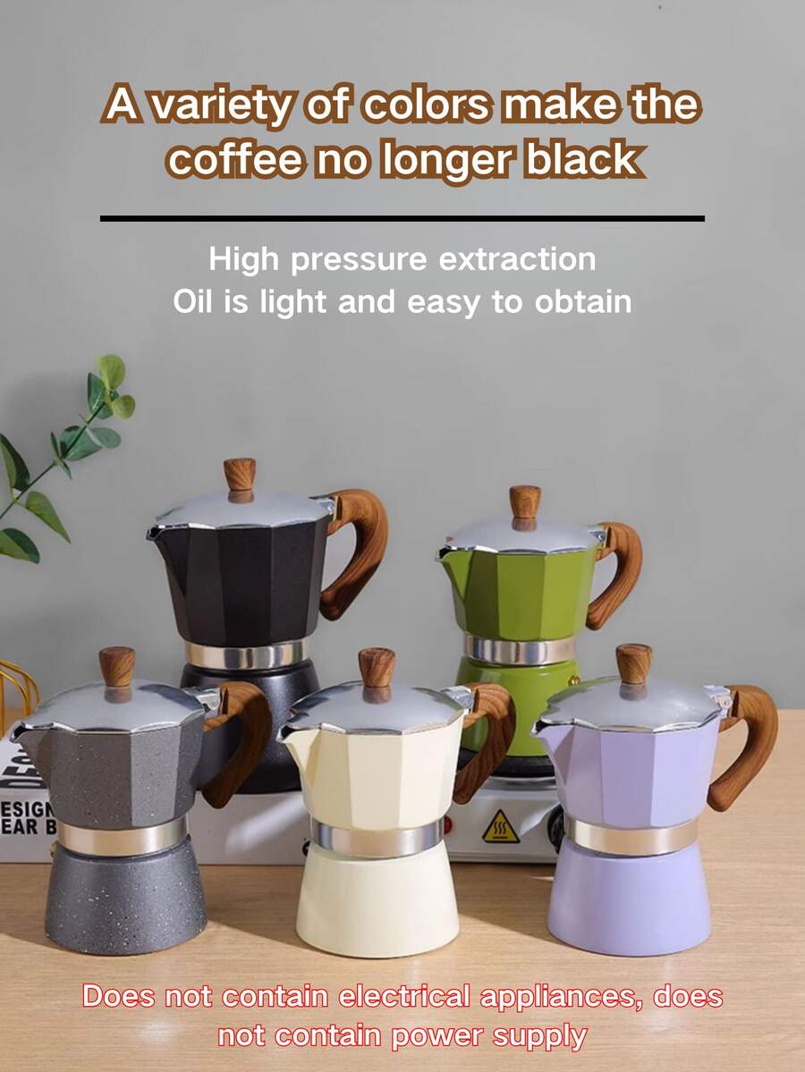 150ml Single-Valve Italian Moka Pot, Multi-Color Heat-Insulated Wood-Like Handle, Home High-Pressure Espresso Brewing Coffee Maker - 彩色 - 查看 1