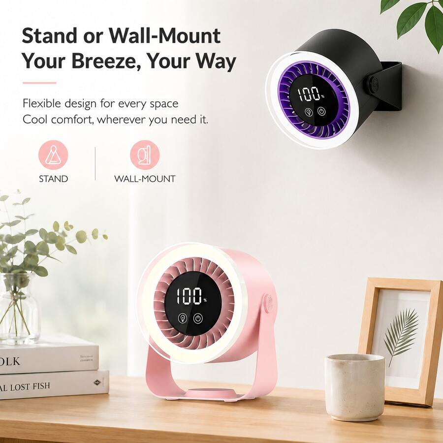 Ventilador de escritorio y pared 3 en 1, brisa suave y silenciosa, luz ajustable de 3 colores, batería recargable USB de 3600mAh, pantalla LED de batería y velocidad del ventilador, velocidad del ventilador ajustable de 0-10, cabezal inclinable de 180°, adecuado para oficina, dormitorio, residencia, cocina, regalo - 1 pieza - Ver 1