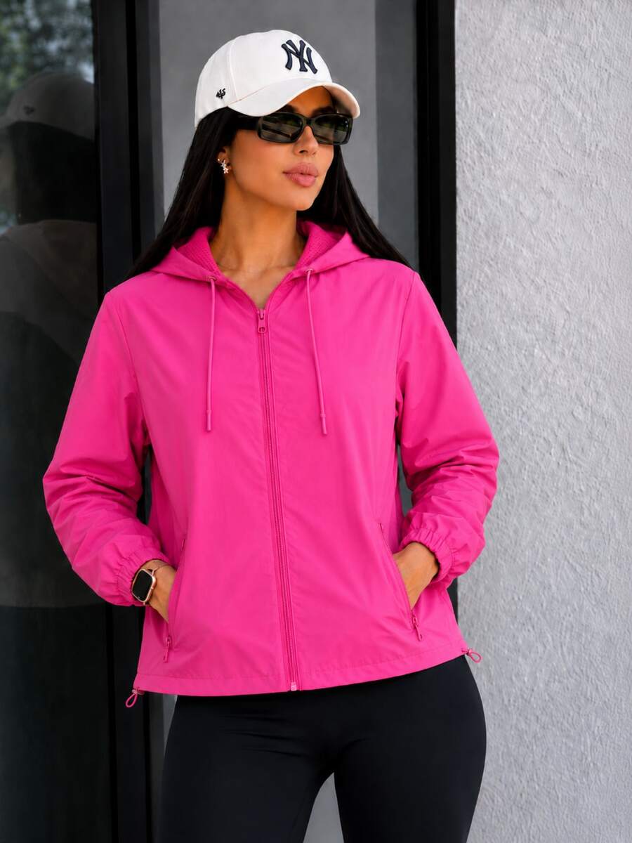 Women's Windbreaker Jacket Waterproof Lined Casual Fabric Zipper Evening Airport Clothes Travel Autumn Winter - 玫紅色 - 查看 1