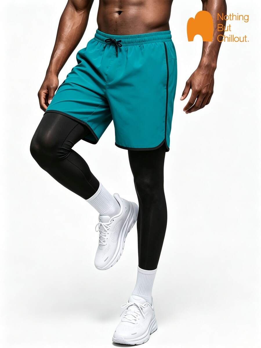 NBCT Men's 2-In-1 Athletic Shorts, Summer Fitted Inner Lining Anti-ExposureBermuda Shorts, Fitness Running Training Drawstring Outdoor Functional Shorts - Cyan - View 1