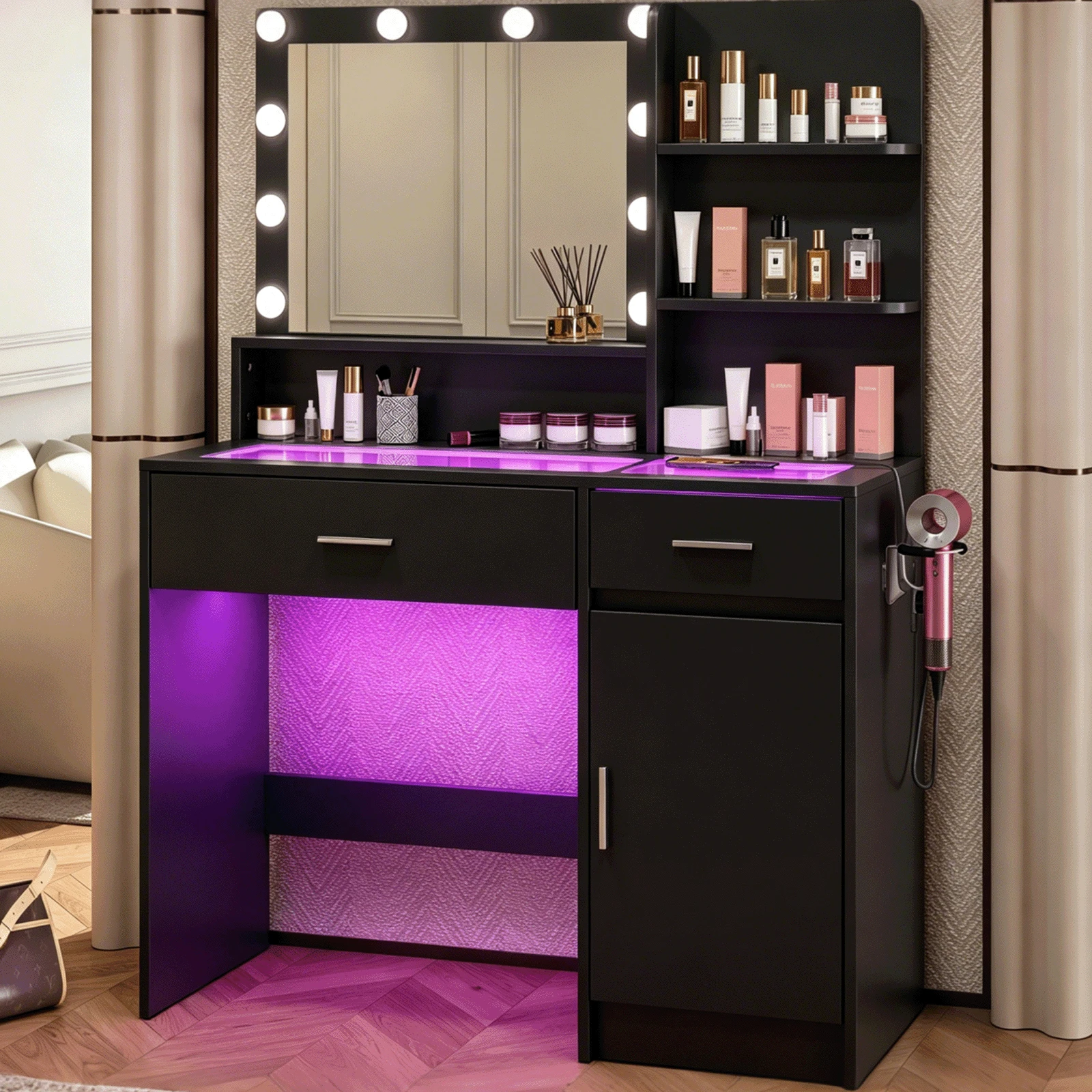 White Vanity Desk With Mirror And Lights, Vanitys With Glass Top & Power Outlet, Dressing Table With 36 Lighting Modes Brightness Adjustable RGB Drawers, For Women Girls Bedroom - Black - View 1