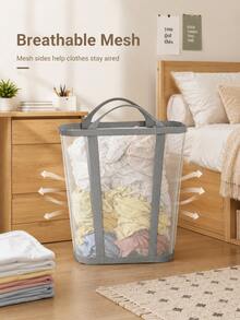 Foldable Breathable Mesh Laundry Basket With Handle, Collapsible Rectangular Storage Bin, Dirty Clothes Organizer, Suitable For Bathroom, Closet, Dorm Essentials, Travel, Back To School - Multicolor - View 11
