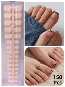 150pcs Short Square Wearable Toe Nail Tips, Brown Leopard Skin Tone French Edge Soft Gel Nails, DIY Fake Nails, Minimalist Versatile, 15 Sizes, Suitable For Women - Apricot - View 10