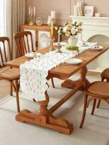 1/20PCS French Style Vintage Floral Lotus Leaf Ruffle Edge Table Runner, Long Tablecloth For Coffee Table, Cabinet, Outdoor Holiday Decor, Suitable For Living Room, Dining Room, Holiday Party, Family Gathering, Wedding, Birthday, Table Decoration, Washable - White - View 2