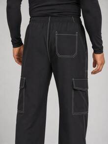 Men's Drawstring Straight Leg Multi-Pocket Sweatpants, Outdoor Casual Long Pants Black Sports - Black - View 3