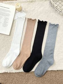 1/4 Pasang Kaos Kaki Musim Panas Tipis Minimalis Serbaguna Warna Polos Bernapas dengan Hiasan Rumbai Model Longgar Setinggi Lutut - MultiWarna - View 2