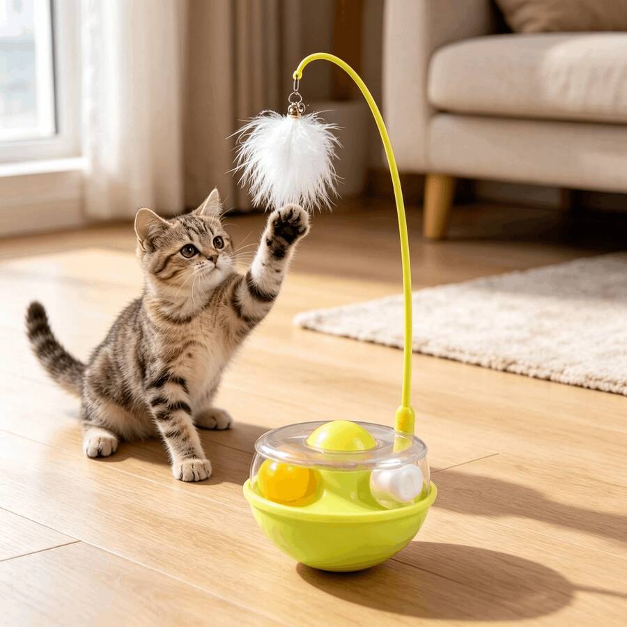 Multifunctional Cat Rolling Ball Toy With Feather Teaser, Bell And Catnip Ball, 360° Rotating Self-Play Interactive Kitten Toy, Durable ABS Material, Relieve Boredom Pet Entertainment Supplies - View 1