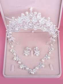 Set Perhiasan Pernikahan Pengantin, Kalung Mahkota dan Anting-Anting, Aksesori Mutiara Pernikahan Kelas Atas, Juga Cocok untuk Acara Dansa, Pesta Ulang Tahun, dan Gaun Pengantin. - Perak - View 4