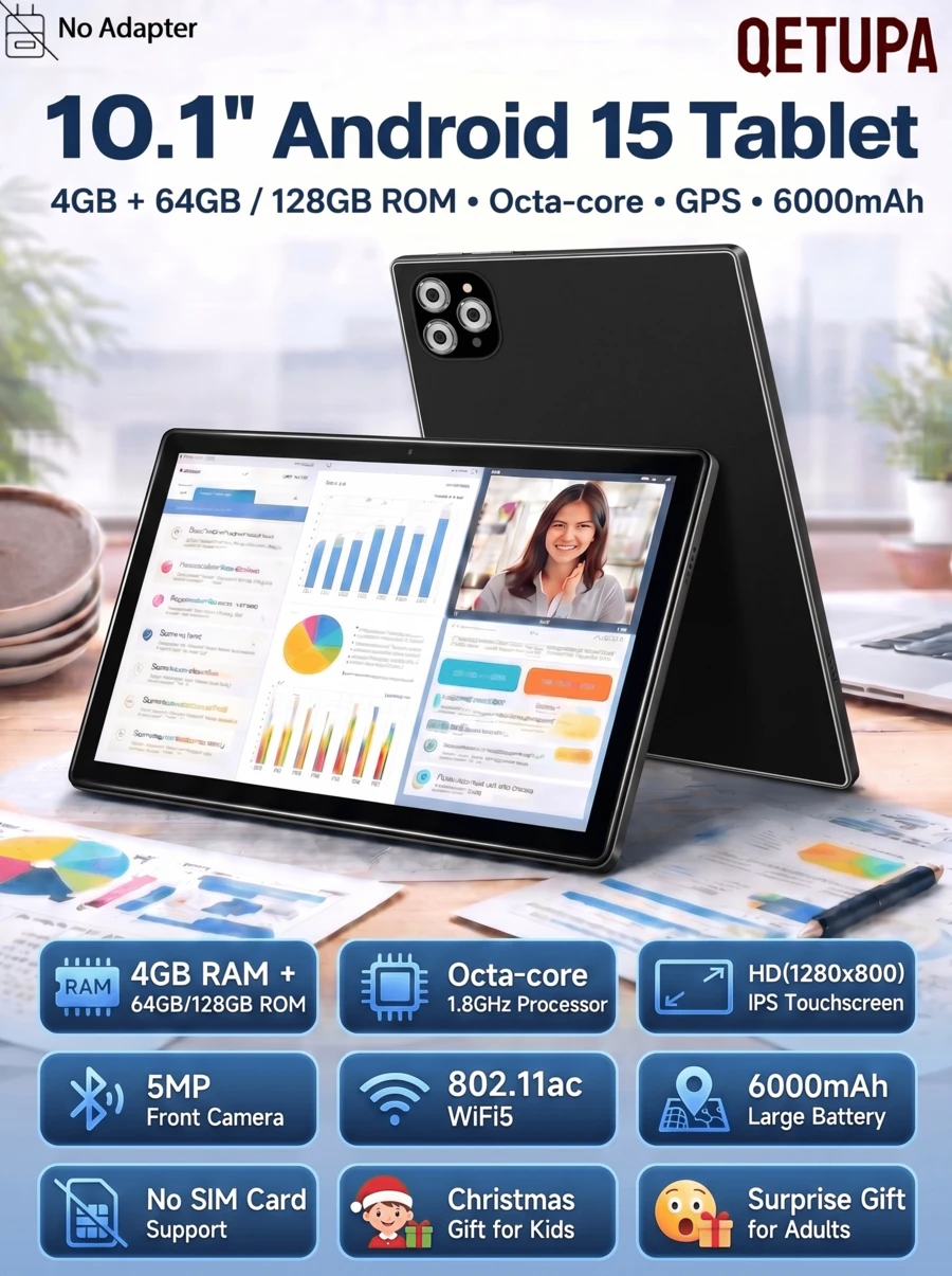 Qetupa M9-4 10.1 吋 Android 15 平板電腦，4GB RAM+64GB/128GB ROM，八核心 1.8GHZ 處理器，HD(1280x800) IPS 觸控螢幕，BT 5.2&802.11ac WiFi5，GPS，5MP 前置鏡頭&13MP 後置鏡頭，6000mAh 大容量電池，不支援 SIM 卡(無適配器)