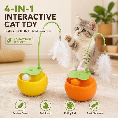 Multifunctional Cat Teaser Wobble Toy With Feathers, Bell And Rolling Ball, Self-Entertainment Puzzle Slow Feeder Toy For Cats