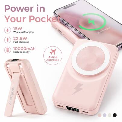10000mAh Magnetic Wireless Power Bank With Foldable Viewing Stand 15W Wireless Charging 22.5W Fast Charging Integrated Dual Charging Cords Digital Battery Display 3-Device Simultaneous Charging Works With  12 13 14 15 Pro Max Mini Charger For Graduation Trips Campus Events