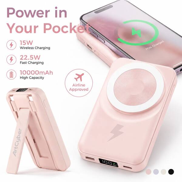 10000mAh Magnetic Wireless Power Bank With Foldable Viewing Stand 15W Wireless Charging 22.5W Fast Charging Integrated Dual Charging Cords Digital Battery Display 3-Device Simultaneous Charging Works With  12 13 14 15 Pro Max Mini Charger For Graduation Trips Campus Events
