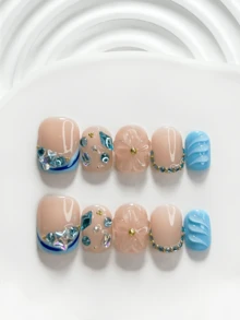 10片夏季微風手工穿戴式美甲，Polygel美甲套組，多色水鑽、星星與鑽石裝飾，藍色指甲油，獨特風格，含美甲工具，3種尺寸可選，方形、短方形、杏仁形，適合派對、舞蹈、日常配戴 - 彩色 - 查看 17