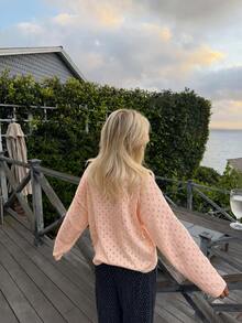 FOR BEAUTY Women's Spring/Autumn/Winter Pink Y2K Casual Long Sleeve Hollow Knit Sweater, Round Neck Fall - Shrimp Powder - View 7