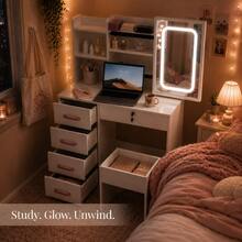 2-In-1 White Vanity Desk Set With LED Lighted Mirror & Stool, 5 Drawers, Lockable Drawer, Hidden Storage Shelves, Makeup Vanity Table For Bedroom, Gift For Women & Girls - White - View 1