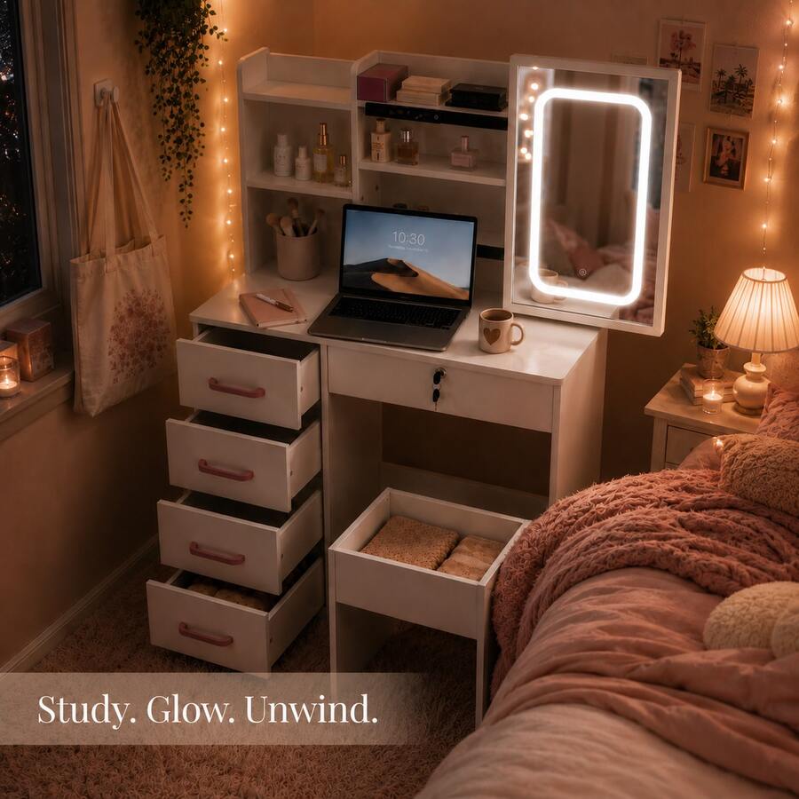2-In-1 White Vanity Desk Set With LED Lighted Mirror & Stool, 5 Drawers, Lockable Drawer, Hidden Storage Shelves, Makeup Vanity Table For Bedroom, Gift For Women & Girls - White - View 1