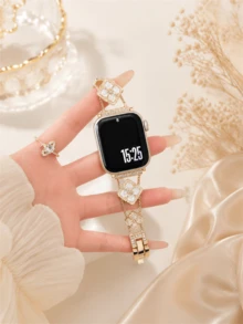 New Colorful Floral Bracelet Watch Band Compatible With Apple Watch 10/8/9/7/6/5/4/3/2/1 Series, Also Suitable For Apple Watch Ultra 40mm 44 41 45 49 42 38mm, Women's Fashion Bracelet Accessory. Not Too Heavy When Worn, Perfectly Fits The Wrist - Golden White Leaves - View 2