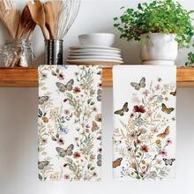 2pcs Minimalist Watercolor Plant & Butterfly Pattern Kitchen Towels, Soft Polyester Dish Cloths, Suitable For Kitchen Decor, Kitchen Cleaning, Holiday Party Decoration, Kitchen & Bathroom Supplies, Home Essentials, Home Decor, Housewarming Gift - Multicolor - View 2