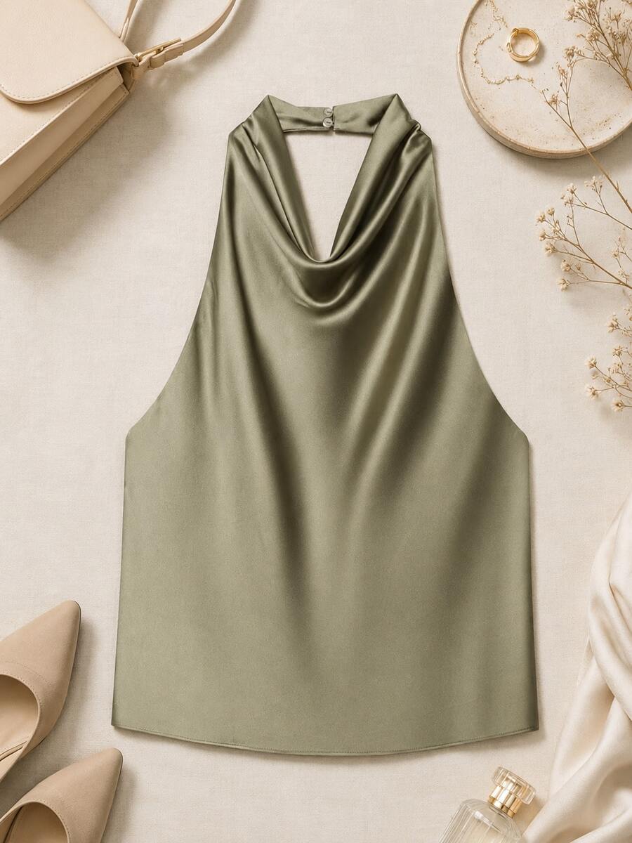 Top de satén de unicolor con cuello halter y espalda descubierta para primavera/verano - Verde militar - Ver 1