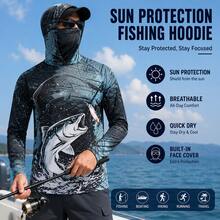 Men's Black & Blue Fish Pattern Hooded Fishing Shirt With Face Mask, Long Sleeve Sun Protection Top Sports - Blue - View 3