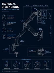 VESA 75/100mm 可調式螢幕支架臂，支援 180° 傾斜與 360° 旋轉，堅固鋼製，氣壓彈簧技術，附理線功能，單臂桌面夾式安裝，適用於居家辦公、辦公桌配件 - 彩色 - 查看 11