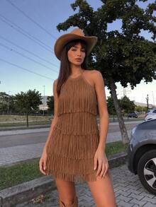 Women Short Dresses - Camel - View 1