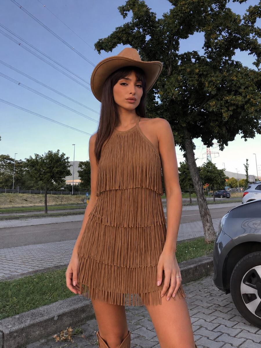 Women Short Dresses - Camel - View 1