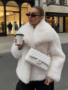HZXVIC Women's Winter New French Luxury Big Collar Fake Leather Grass Coat - White - View 1