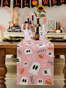 1pc-Pastel Pink Cute Ghost Boo Halloween Table Runner, Watercolor Pumpkin Black White Candy Pattern Fall Table Runner, Farmhouse Style Holiday Decorative Table Linens For Dining Table Kitchen Counter Party Supplies - Multicolor - View 9