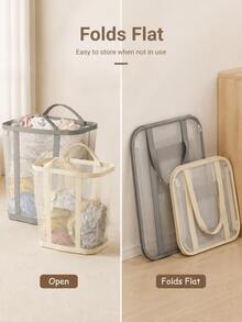 Foldable Breathable Mesh Laundry Basket With Handle, Collapsible Rectangular Storage Bin, Dirty Clothes Organizer, Suitable For Bathroom, Closet, Dorm Essentials, Travel, Back To School - Multicolor - View 6