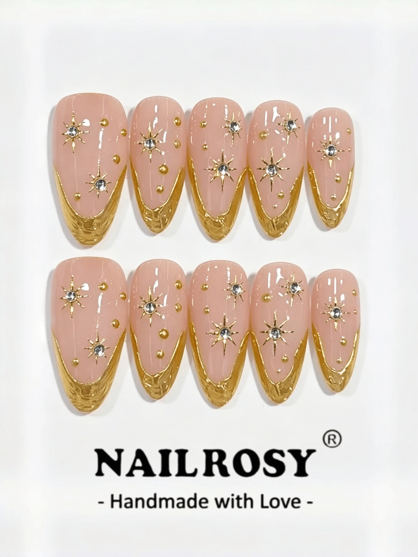nailrosy 10Pcs Handmade Press On Nails Kit Almond Pink Silver Butterfly Pearl Cat Eye Elegant Minimalist Old Money Japanese Style Modern Korea Style Fresh Design Chic French Style Neutral Classical Creative Glossy Finish Shimmery Fake Nail Kit - Gold - View 1