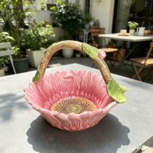 手繪花卉陶瓷籃，創意玫瑰與向日葵造型零食、乾果、水果與糖果收納碗，裝飾擺件 - 彩色 - 查看 13