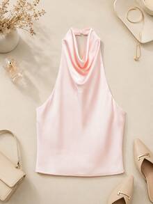 Spring/Summer Solid Color Satin Halter Neck Backless Top - Baby Pink - View 1