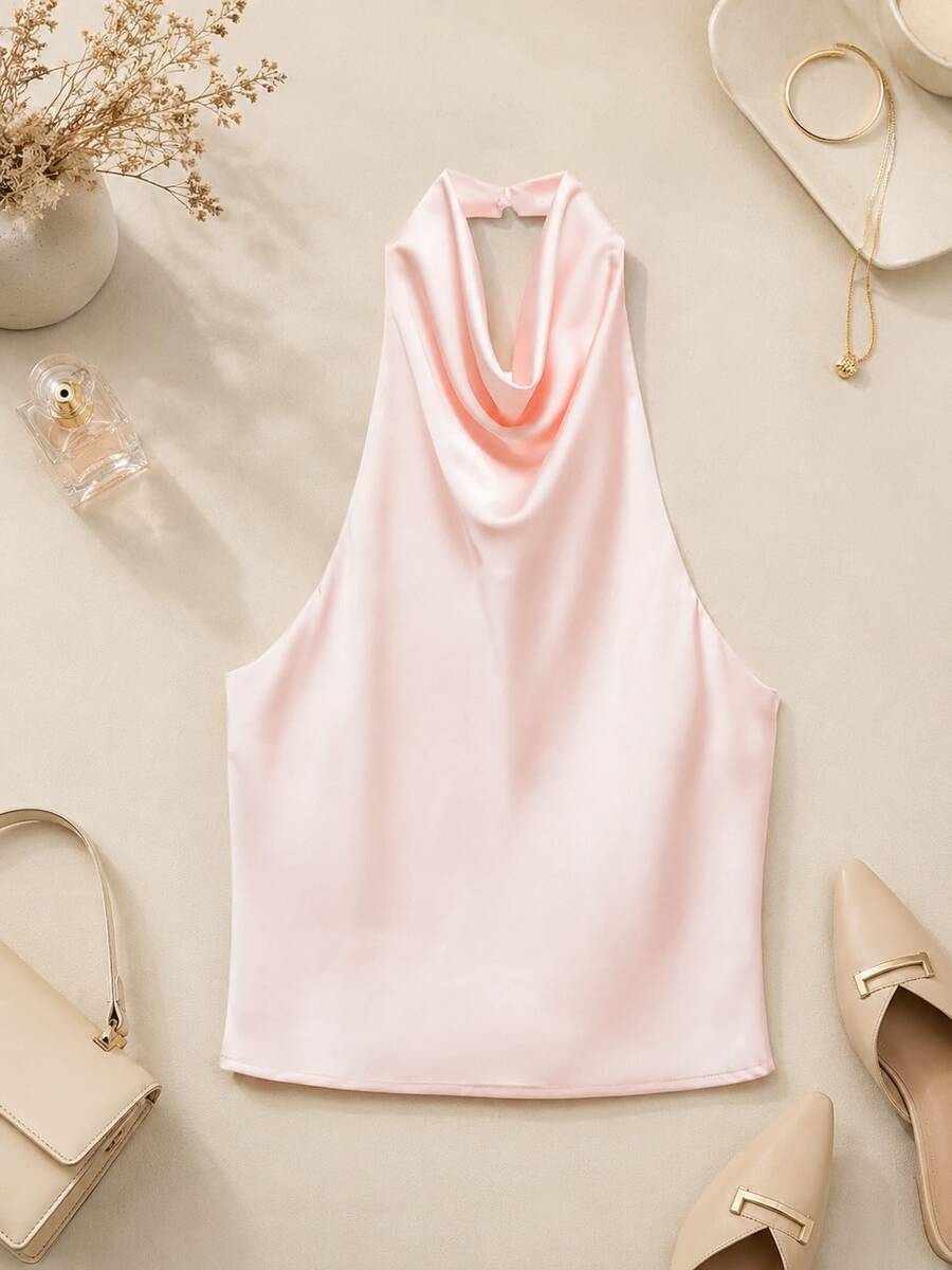 Spring/Summer Solid Color Satin Halter Neck Backless Top - Baby Pink - View 1