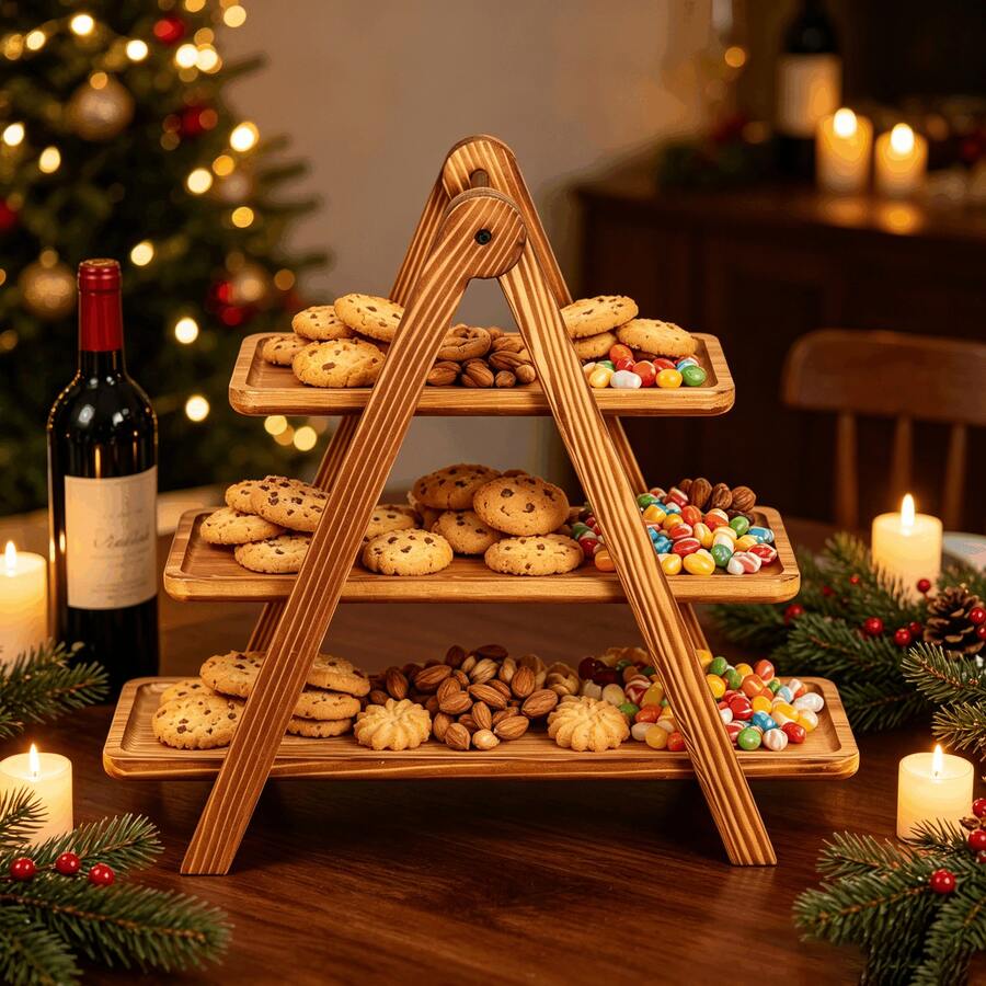 1pc 3-Tier Solid Wood Dessert Display Stand, Rectangular Wooden Pastry Tray, Foldable Cake & Bread Storage Rack, Birthday Wedding Party Gathering Decoration Ornament - Camel - View 1