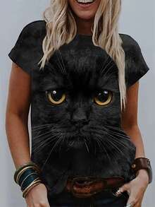 Women's Cat Printed Short Sleeve T-Shirt Graphic Tees Women Tops - Black - View 1
