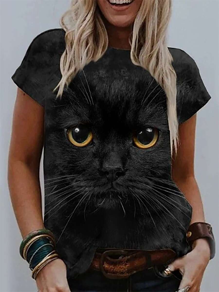 Women's Cat Printed Short Sleeve T-Shirt Graphic Tees Women Tops - Black - View 1