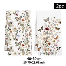 2pcs Minimalist Watercolor Plant & Butterfly Pattern Kitchen Towels, Soft Polyester Dish Cloths, Suitable For Kitchen Decor, Kitchen Cleaning, Holiday Party Decoration, Kitchen & Bathroom Supplies, Home Essentials, Home Decor, Housewarming Gift - Multicolor - View 3