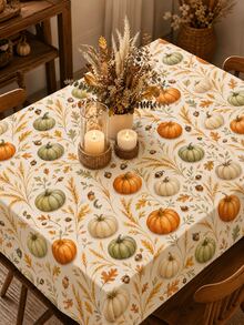 1 pieza - Mantel de poliéster con estampado de cosecha de calabaza y cáscara de maíz, cubierta de mesa rectangular, adecuada para Acción de Gracias, otoño y decoración de cocina de estilo granja. - calabaza - Ver 2