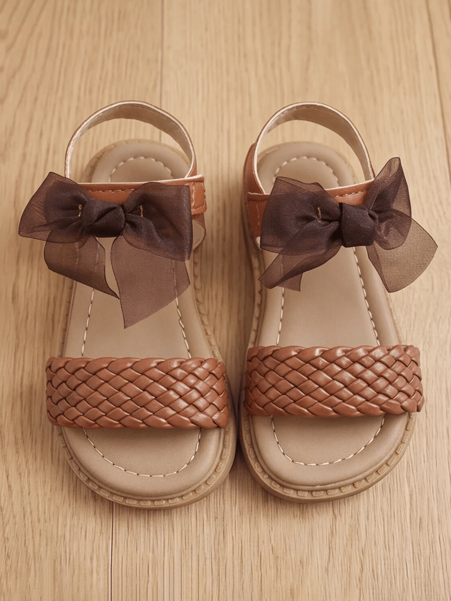 Kids Summer Vacation Sandals [Braided Strap Breathable Non-Slip] Brown Casual Beach Daycare Flats For Girls - Brown - View 1