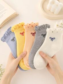 1/5 Pairs Women's Random Bowknot Polka Dot Solid Color Minimalist Fashion Low-Cut Short Socks, Soft Comfortable Breathable Cute All-Season Versatile Preppy Style Suitable For Daily Wear And Outings - Multicolor - View 2