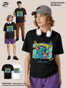 Camicia estiva casual da uomo con collo rotondo morbido e maniche corte, stampa grafica con orso graffiti della California e numero 23, adatta per l'uso quotidiano. - nero - Visualizzare 2